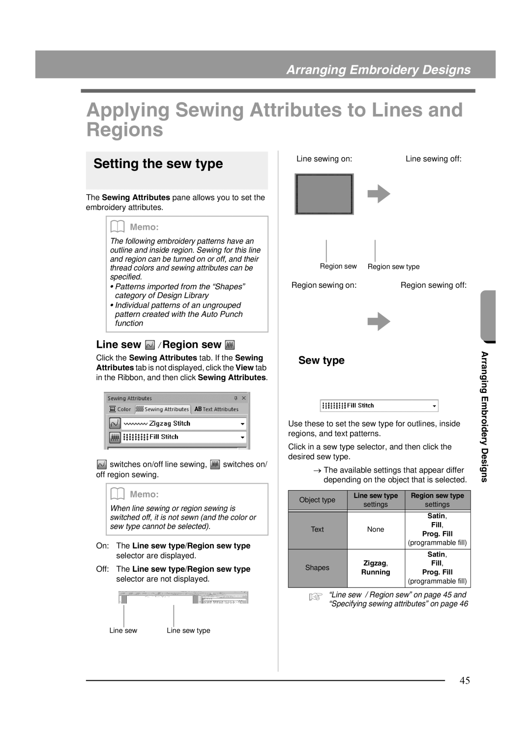 Brother XF0606-001 Applying Sewing Attributes to Lines and Regions, Setting the sew type, Line sew / Region sew, Sew type 