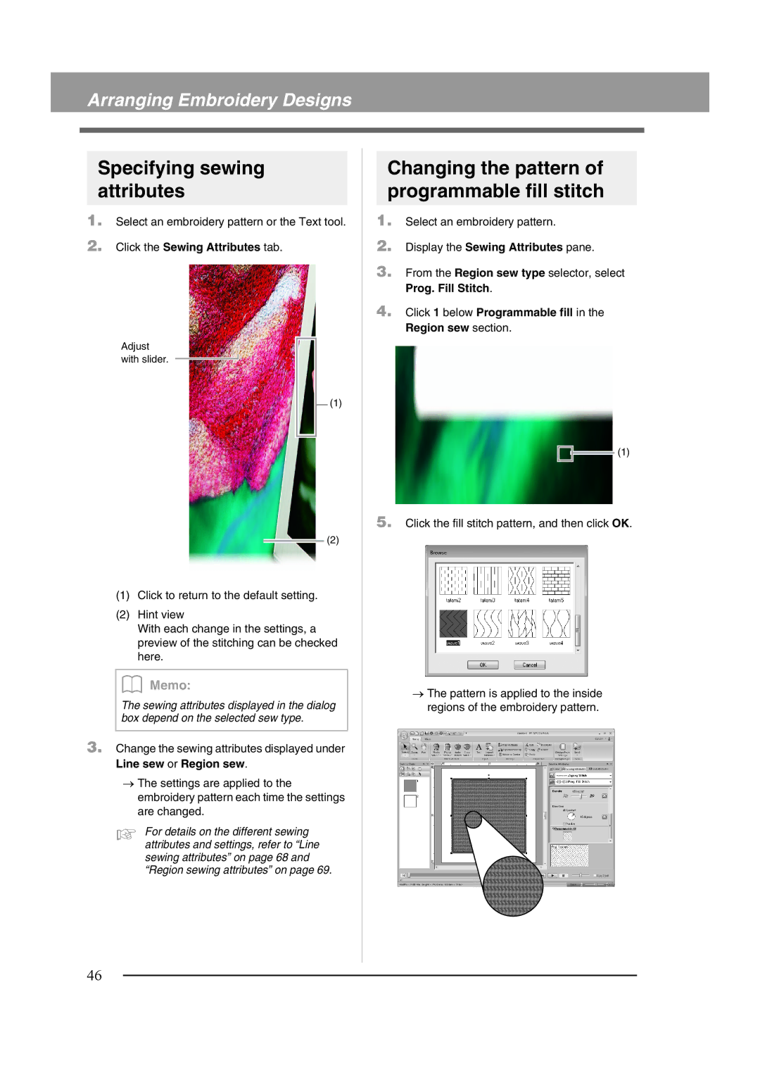 Brother XF0606-001 operation manual Specifying sewing attributes, Changing the pattern of programmable fill stitch 