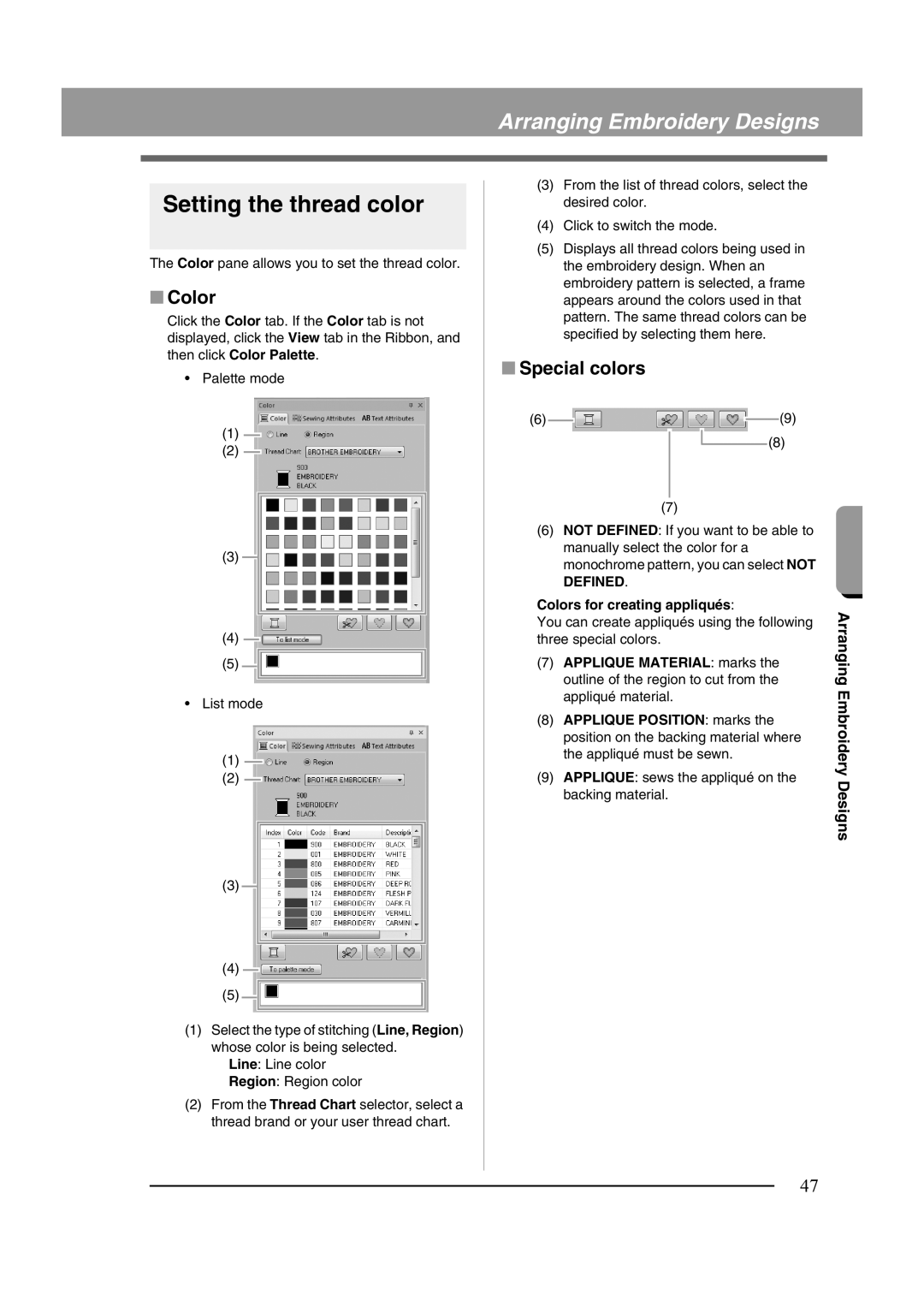 Brother XF0606-001 operation manual Setting the thread color, Color, Special colors 