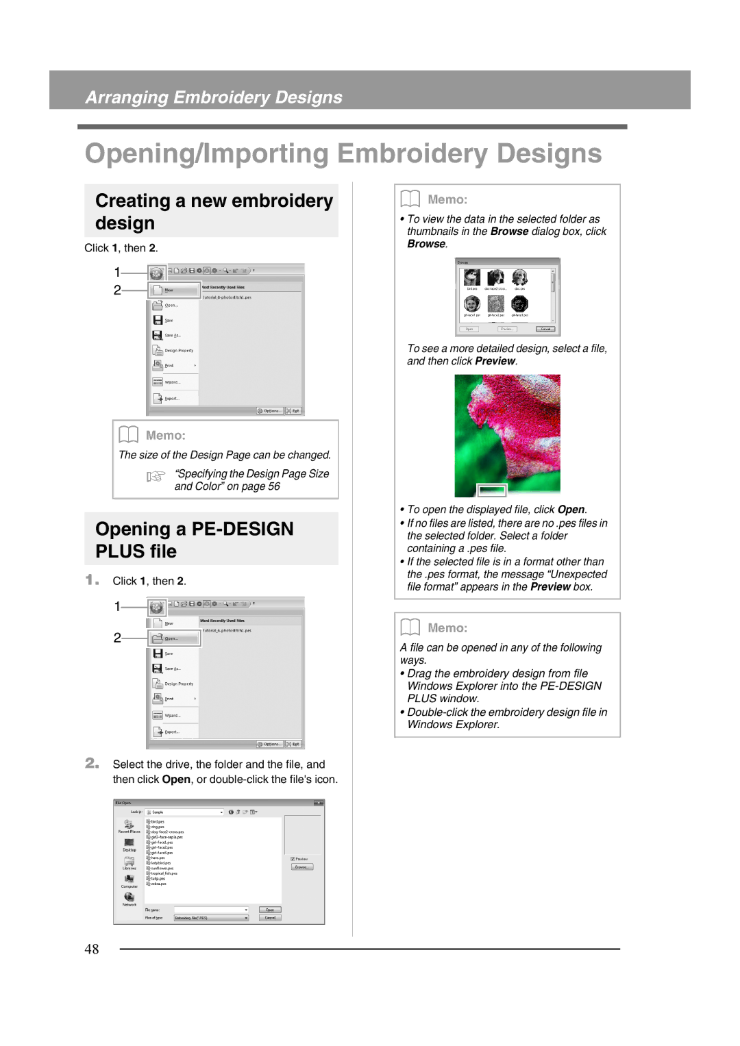 Brother XF0606-001 Opening/Importing Embroidery Designs, Creating a new embroidery design, Opening a PE-DESIGN Plus file 