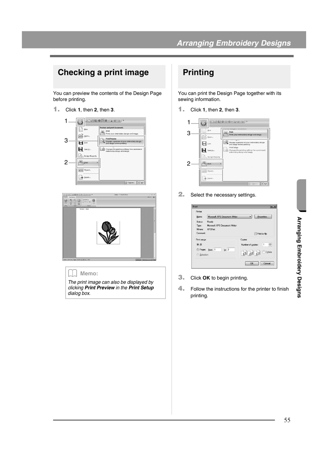 Brother XF0606-001 operation manual Checking a print image, Printing 