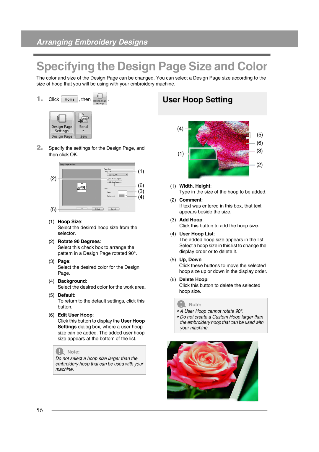 Brother XF0606-001 operation manual Specifying the Design Page Size and Color, User Hoop Setting 