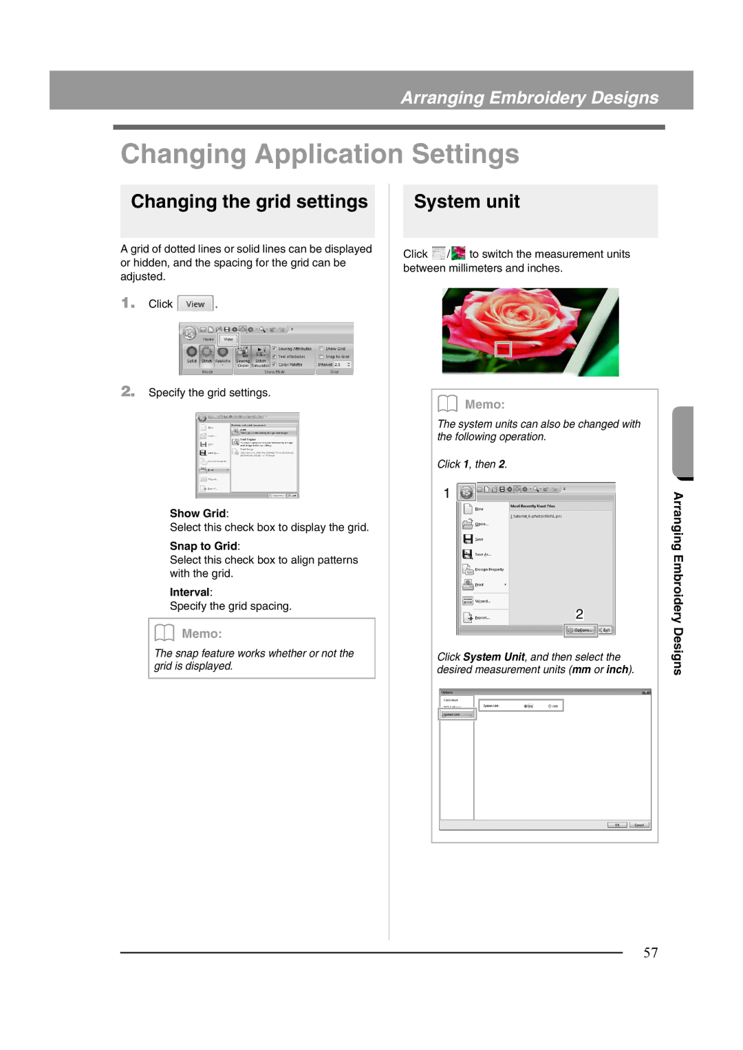 Brother XF0606-001 operation manual Changing Application Settings, Changing the grid settings, System unit 