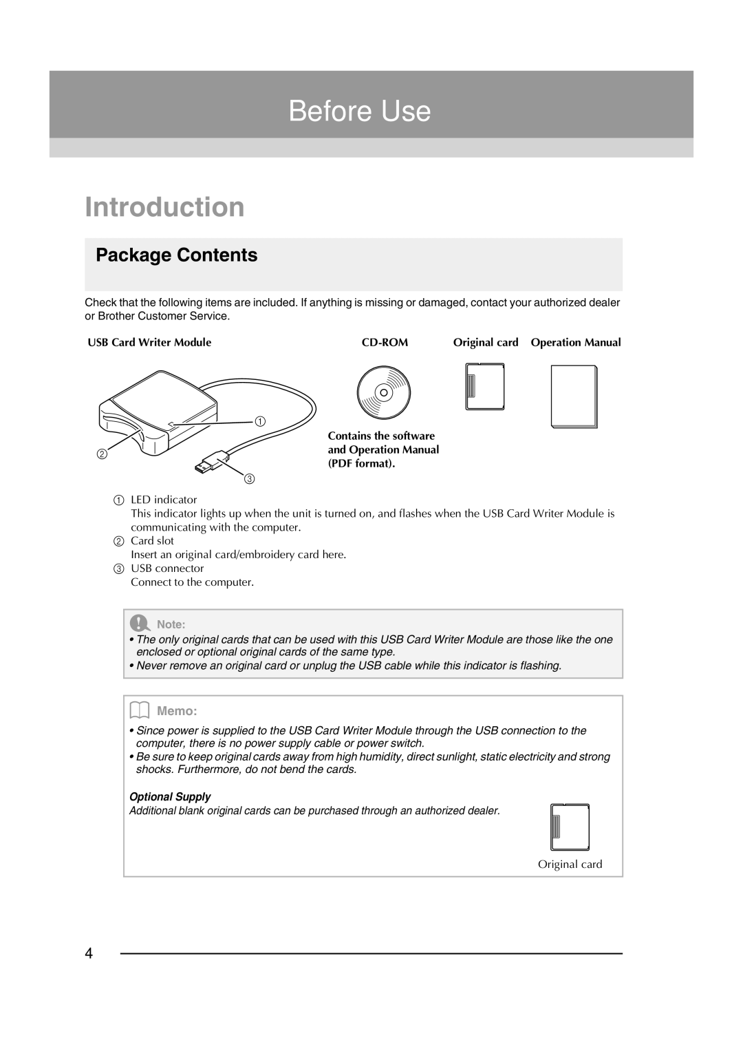 Brother XF0606-001 operation manual Before Use, Introduction, Package Contents 