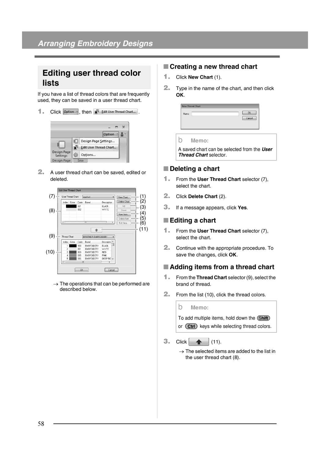 Brother XF0606-001 Editing user thread color lists, Creating a new thread chart, Deleting a chart, Editing a chart 