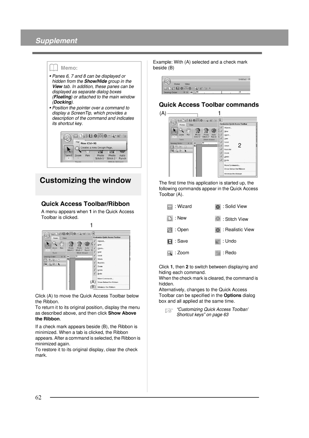 Brother XF0606-001 operation manual Customizing the window, Quick Access Toolbar/Ribbon, Quick Access Toolbar commands 