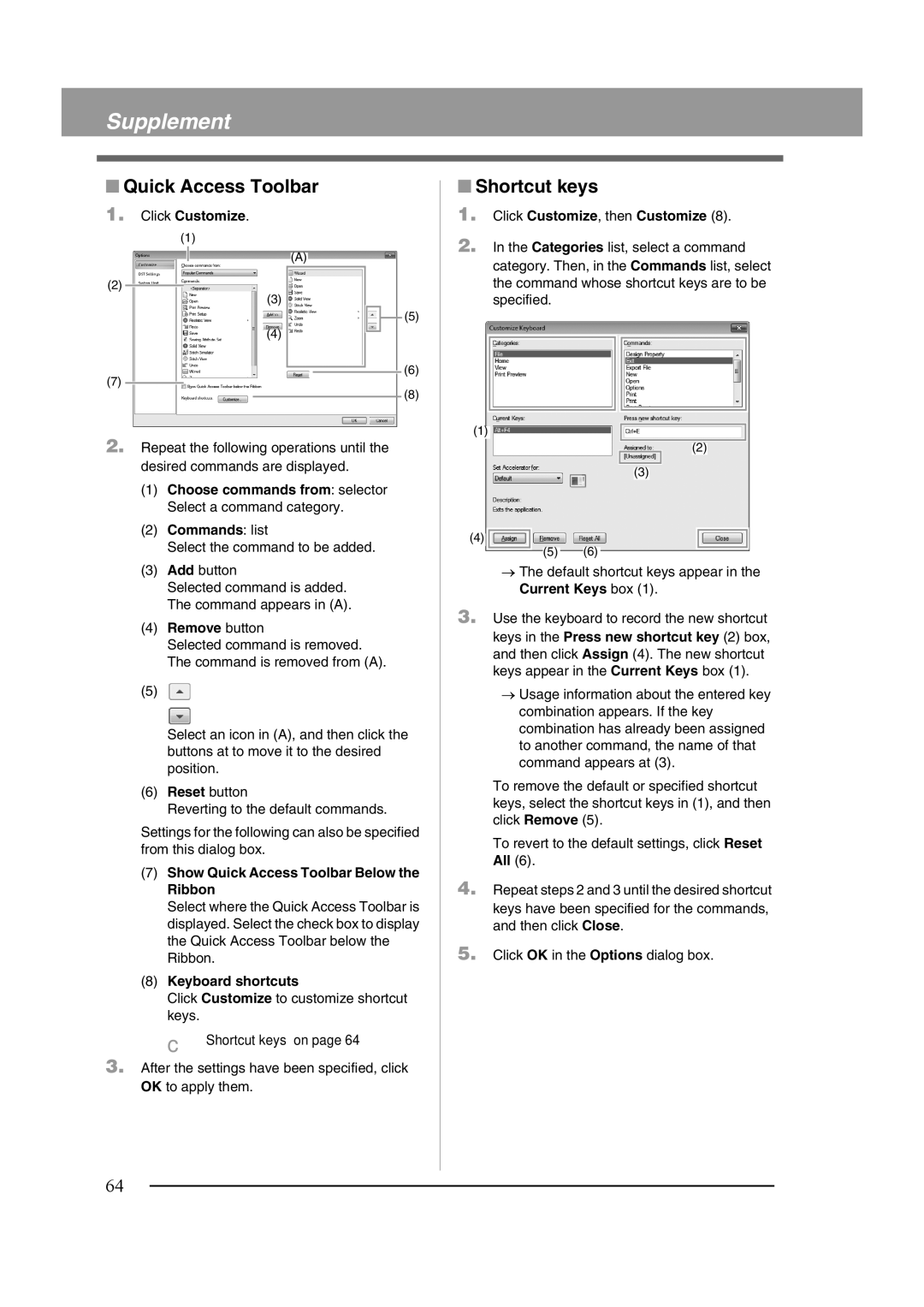 Brother XF0606-001 operation manual Quick Access Toolbar Shortcut keys 