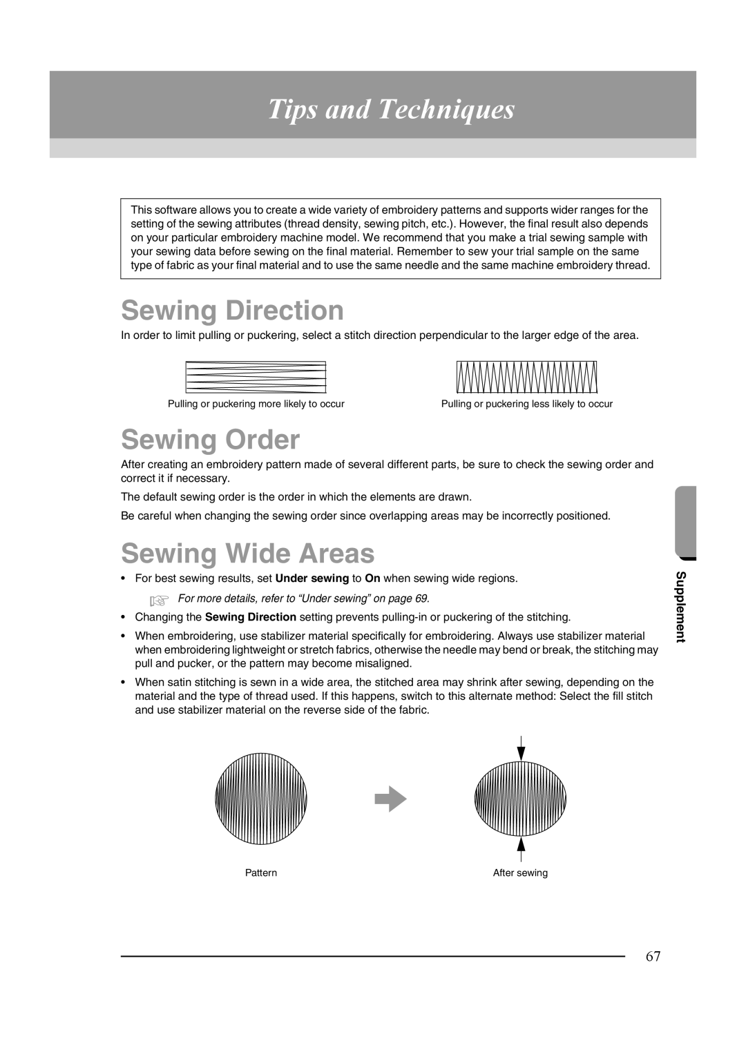 Brother XF0606-001 operation manual Tips and Techniques, Sewing Direction, Sewing Order, Sewing Wide Areas 