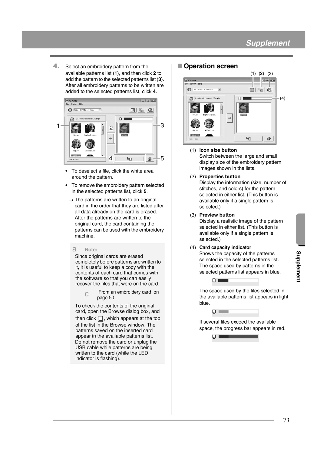 Brother XF0606-001 Operation screen, Icon size button, Properties button, Preview button, Card capacity indicator 