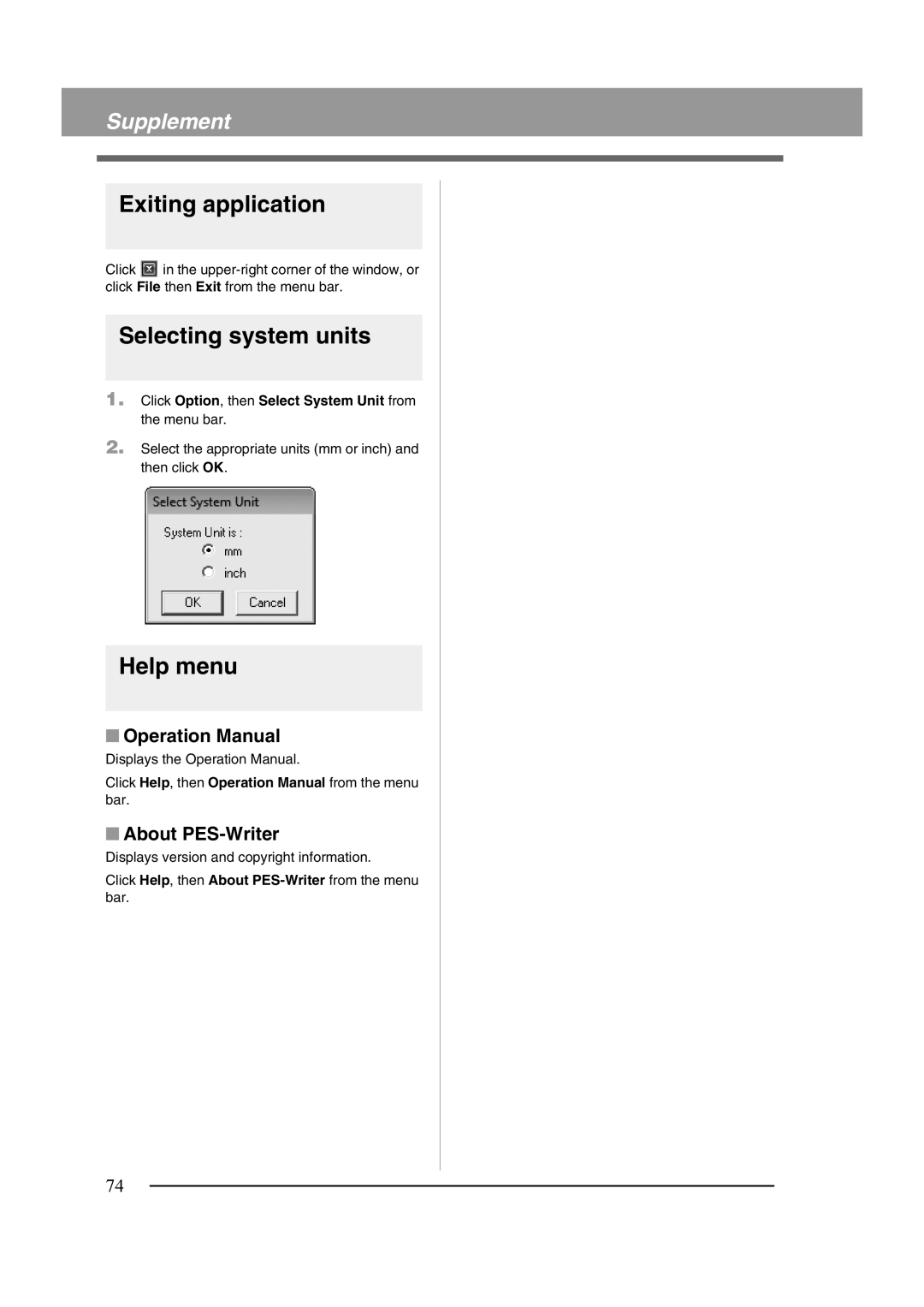 Brother XF0606-001 operation manual Exiting application, Selecting system units, Help menu, About PES-Writer 