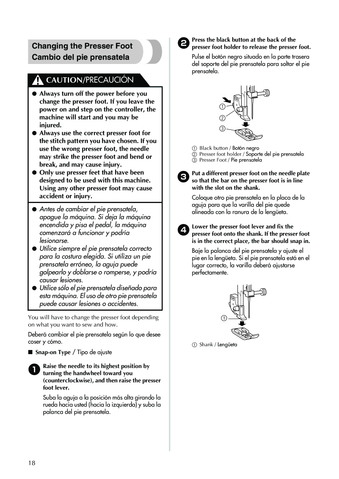 Brother XL-2600 operation manual Changing the Presser Foot Cambio del pie prensatela 