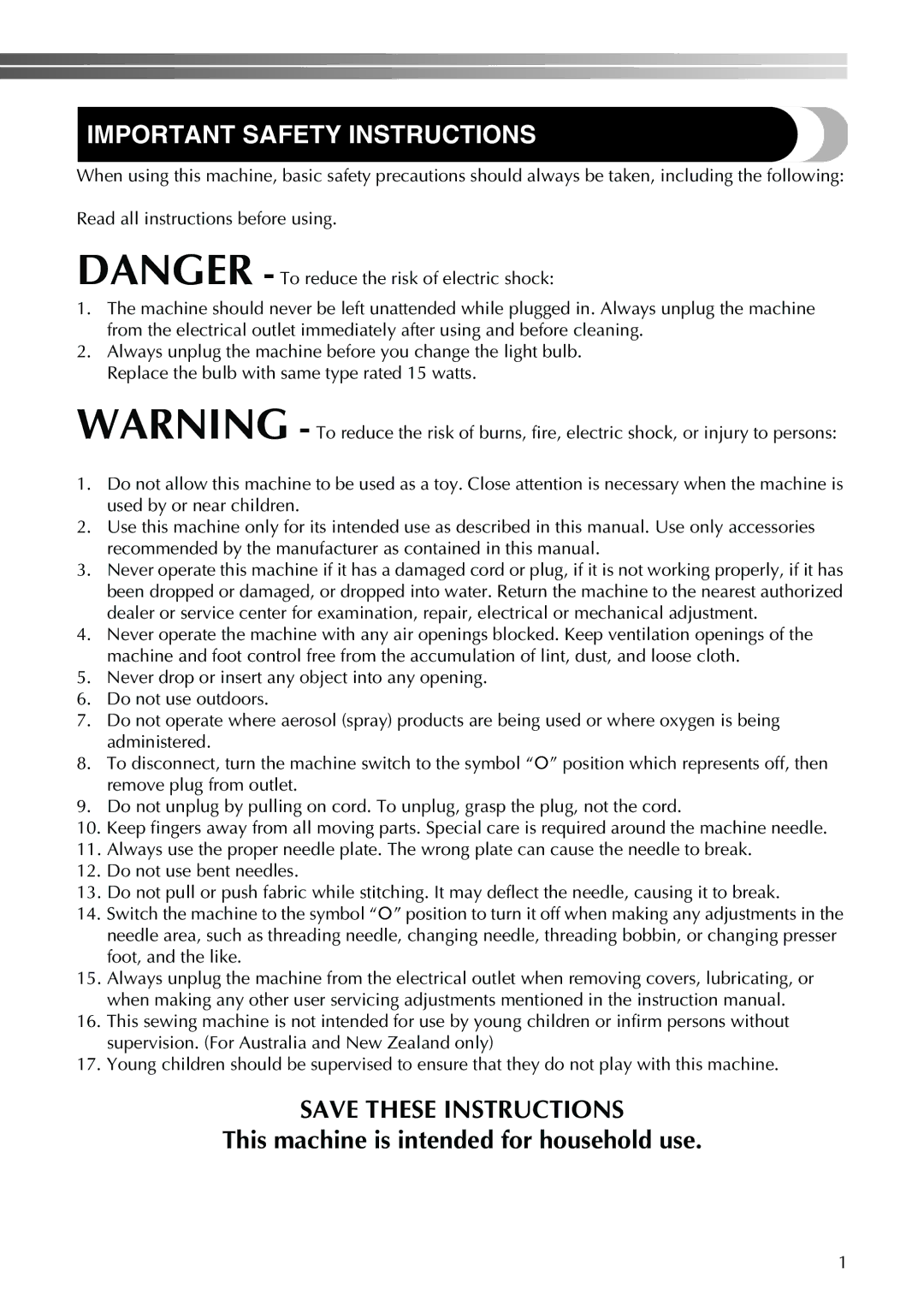 Brother XL-2600 operation manual Important Safety Instructions 