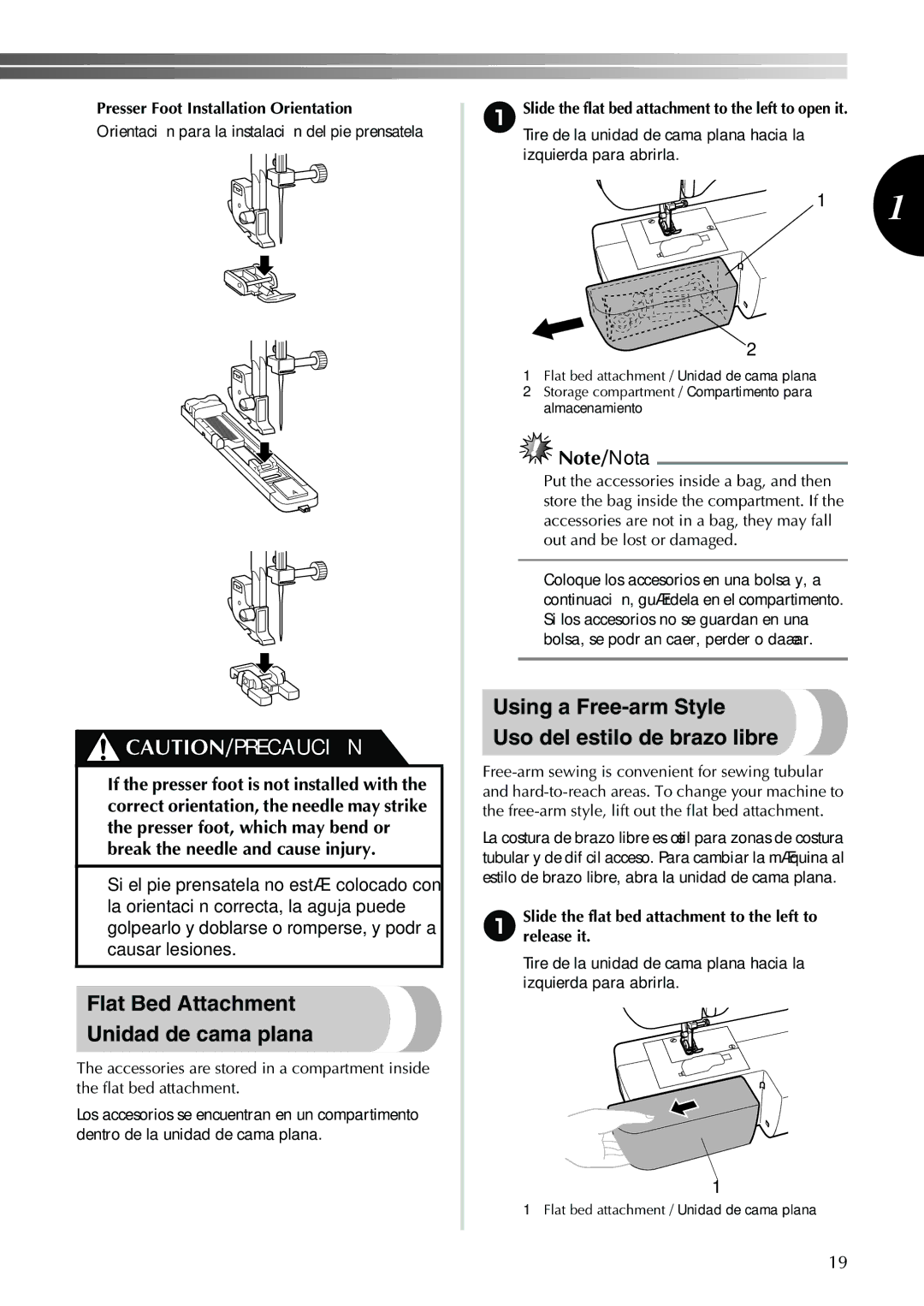 Brother XL-2600 Flat Bed Attachment Unidad de cama plana, Using a Free-arm Style Uso del estilo de brazo libre 