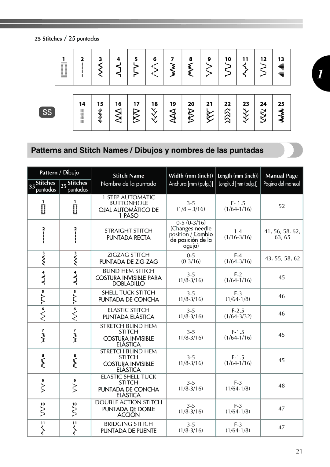 Brother XL-2600 Stitches / 25 puntadas, 3/16 64-1/16, Position / Cambio, 16-3/16 De posición de la Aguja, 43, 55, 58 