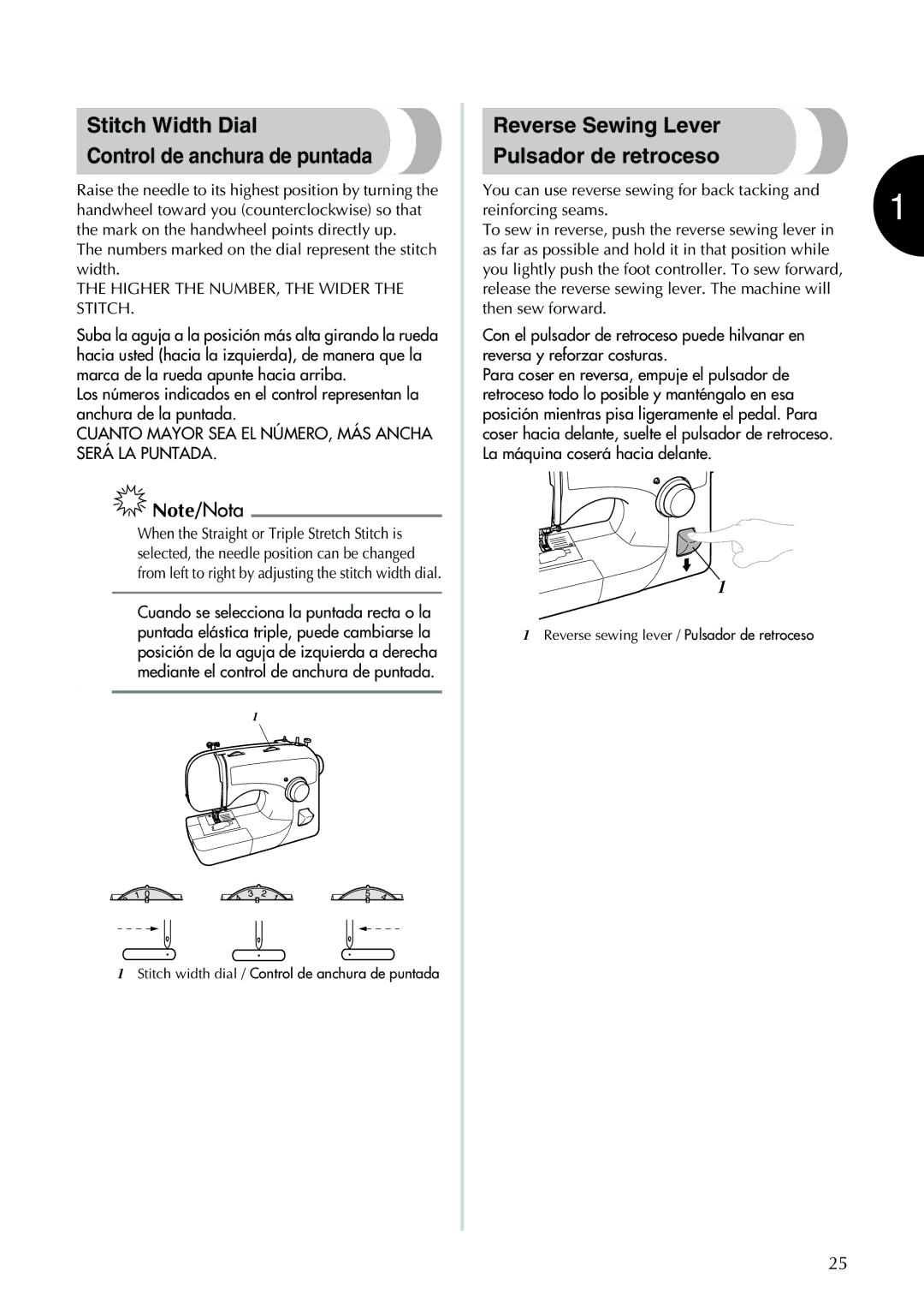 Brother XL-2600 Stitch Width Dial Control de anchura de puntada, Reverse Sewing Lever Pulsador de retroceso 