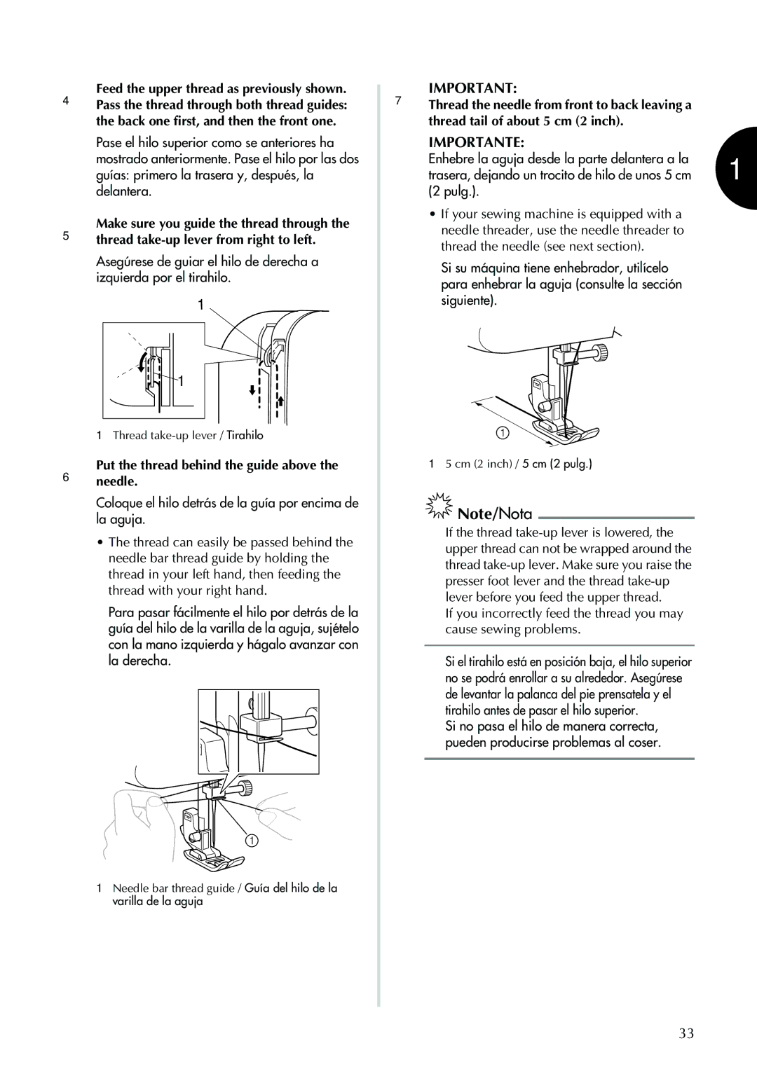 Brother XL-2600 operation manual 4Feed the upper thread as previously shown, Putneedle.the thread behind the guide above 