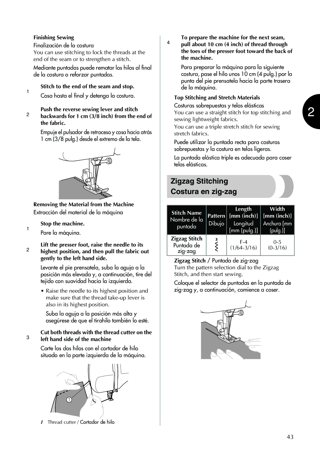 Brother XL-2600 operation manual Zigzag Stitching Costura en zig-zag, Machine, Para preparar la máquina para la siguiente 