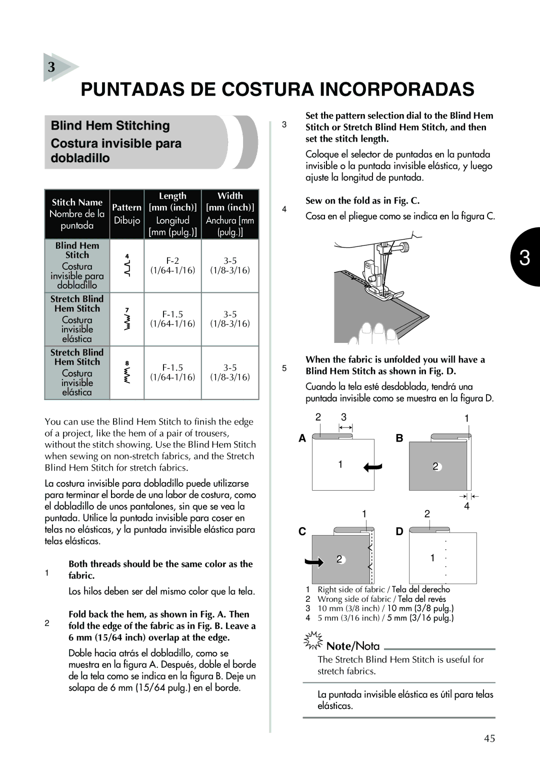 Brother XL-2600 operation manual Blind Hem Stitching Costura invisible para dobladillo, Sew on the fold as in Fig. C 