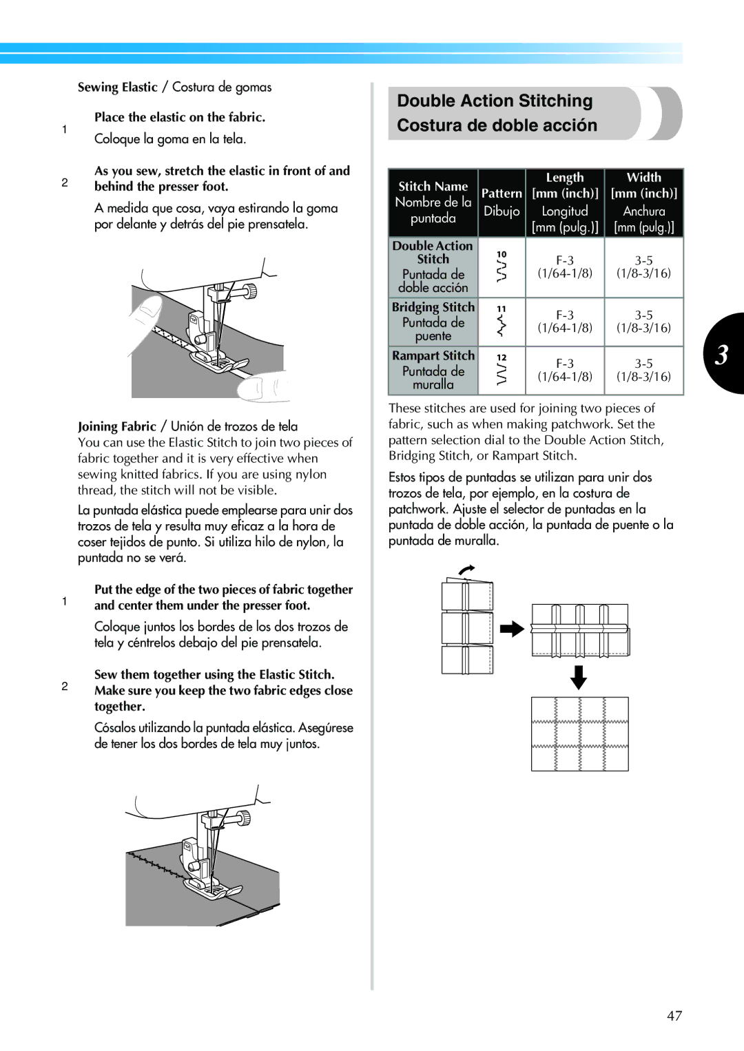 Brother XL-2600 operation manual Double Action Stitching Costura de doble acción, Sewing Elastic / Costura de gomas 