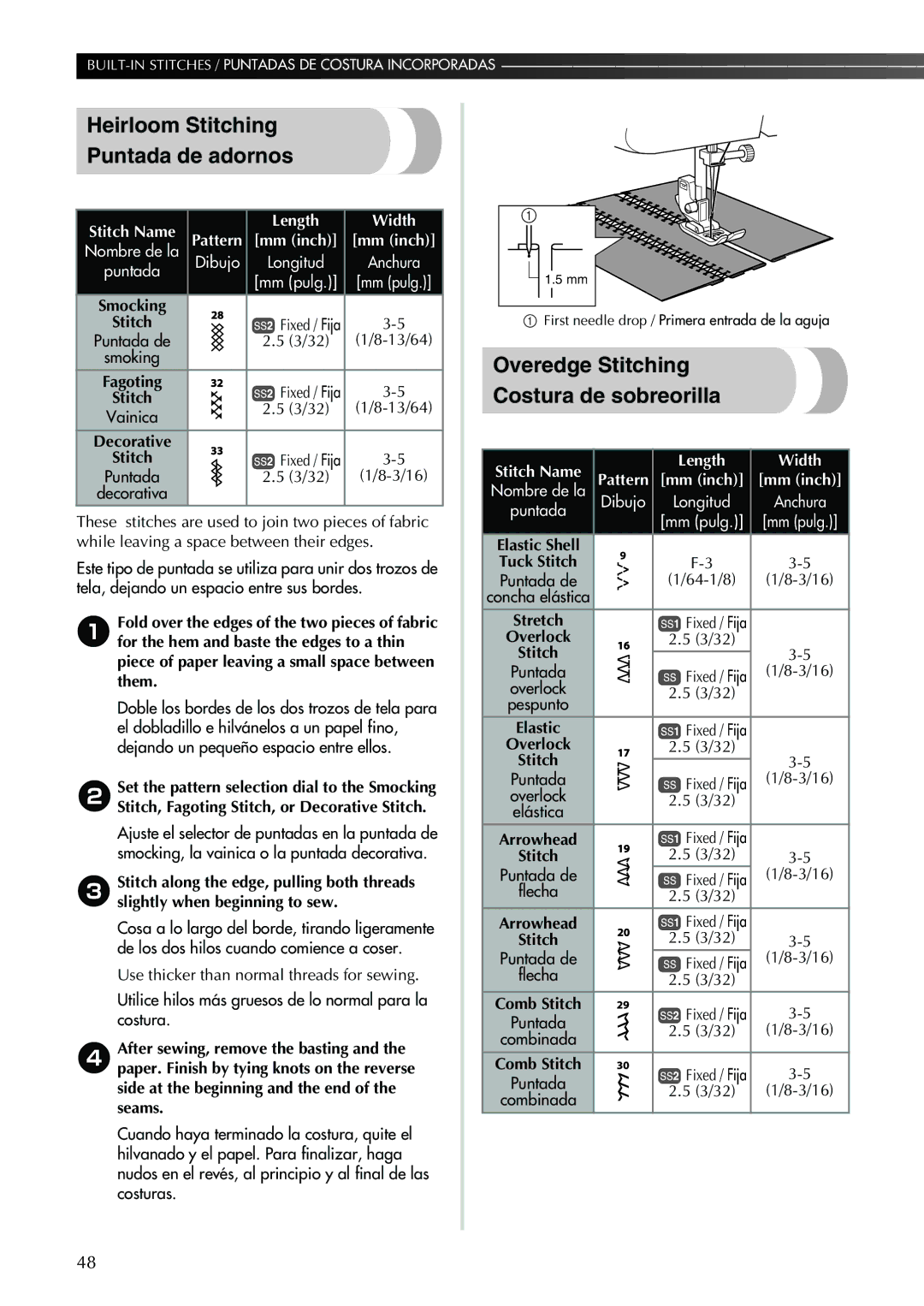 Brother XL-2600 operation manual Heirloom Stitching Puntada de adornos, Overedge Stitching Costura de sobreorilla, 3/16 