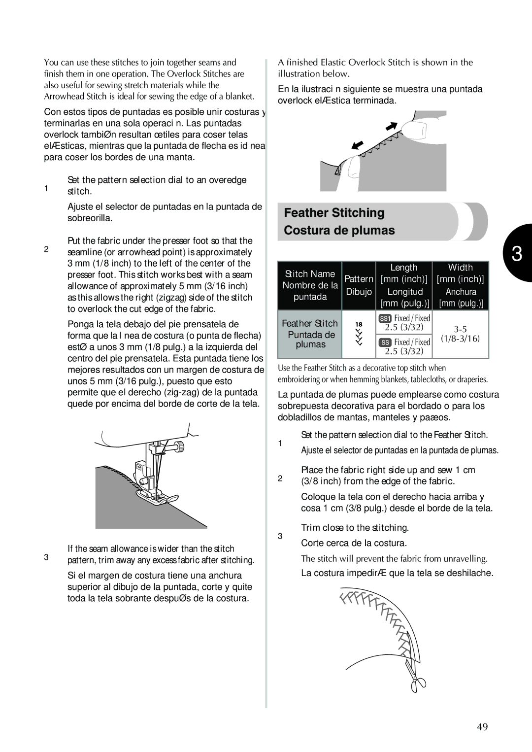 Brother XL-2600 operation manual Feather Stitching Costura de plumas, 1Setstitch.the pattern selection dial to an overedge 