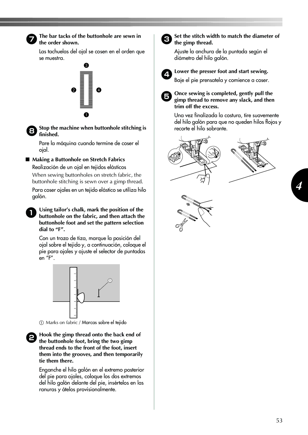 Brother XL-2600 operation manual Las tachuelas del ojal se cosen en el orden que se muestra 