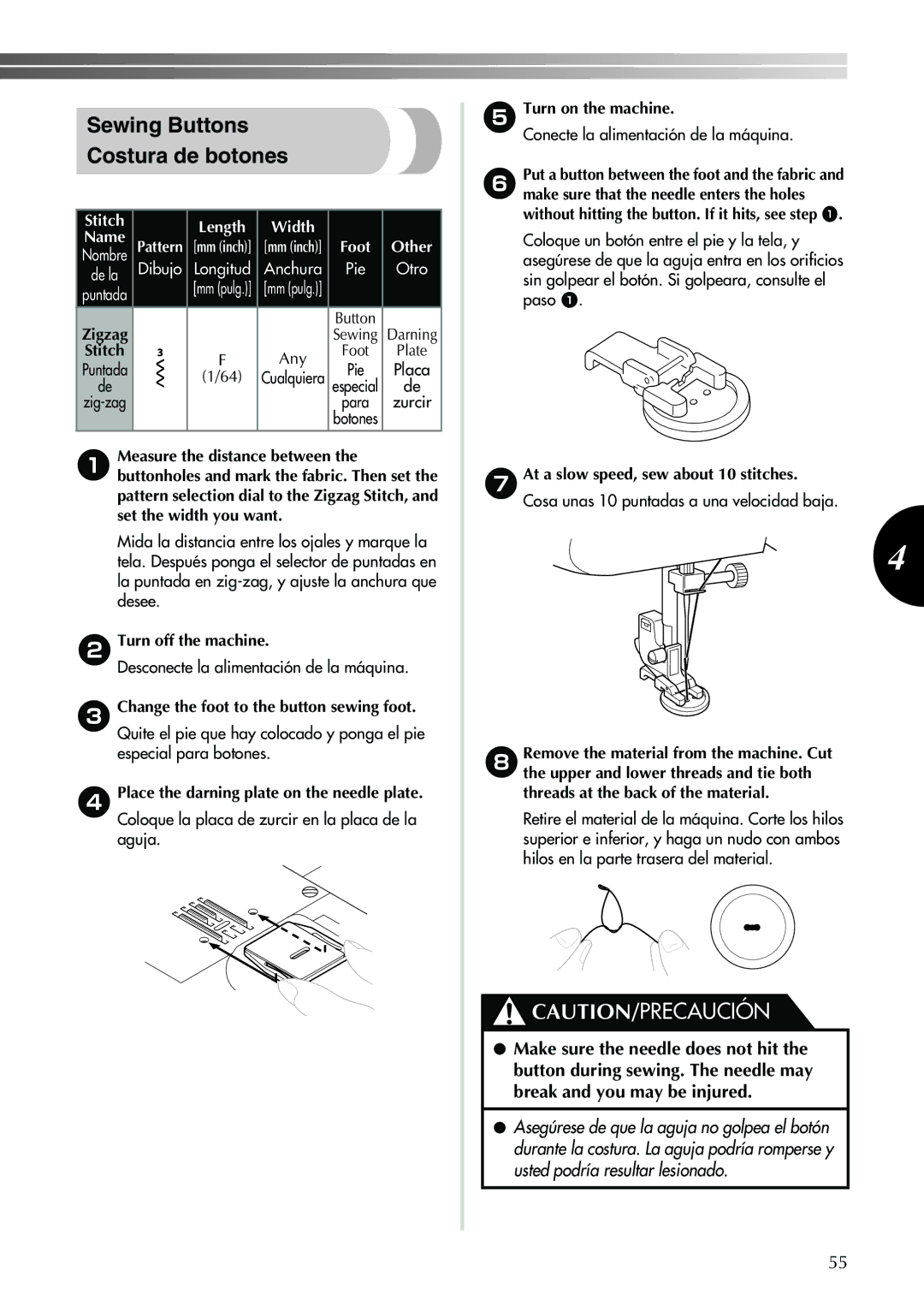 Brother XL-2600 operation manual Sewing Buttons Costura de botones, 2Turn off the machine 