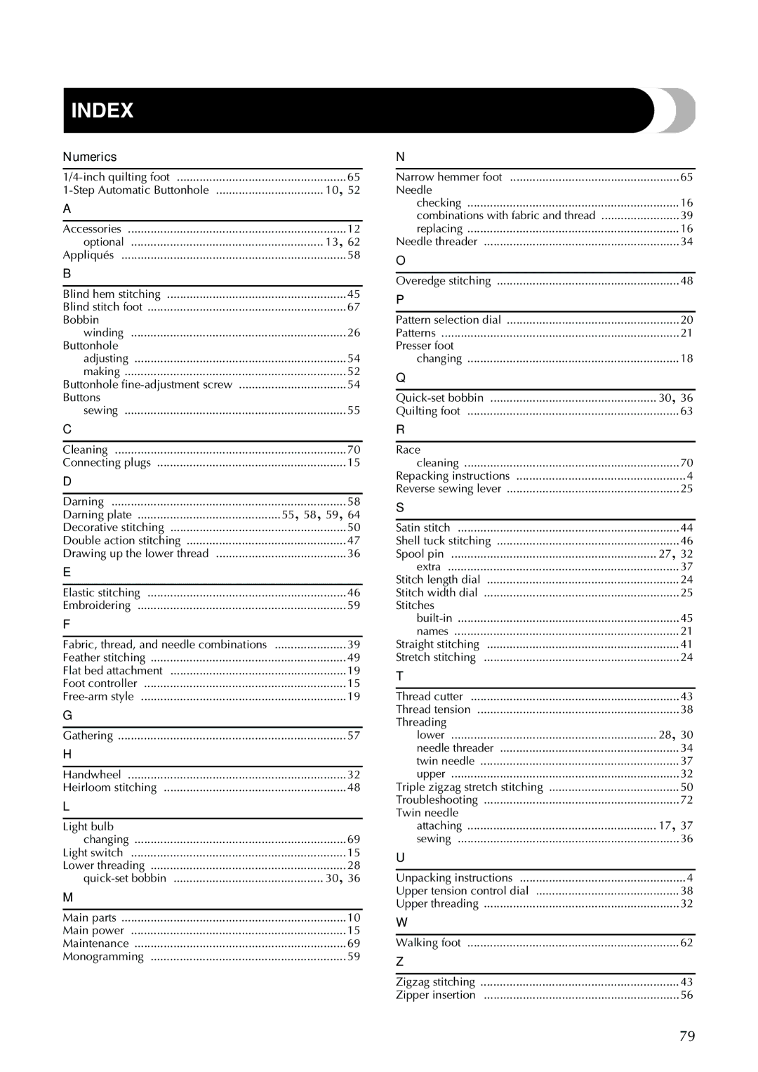 Brother XL-2600 operation manual Index, Numerics 