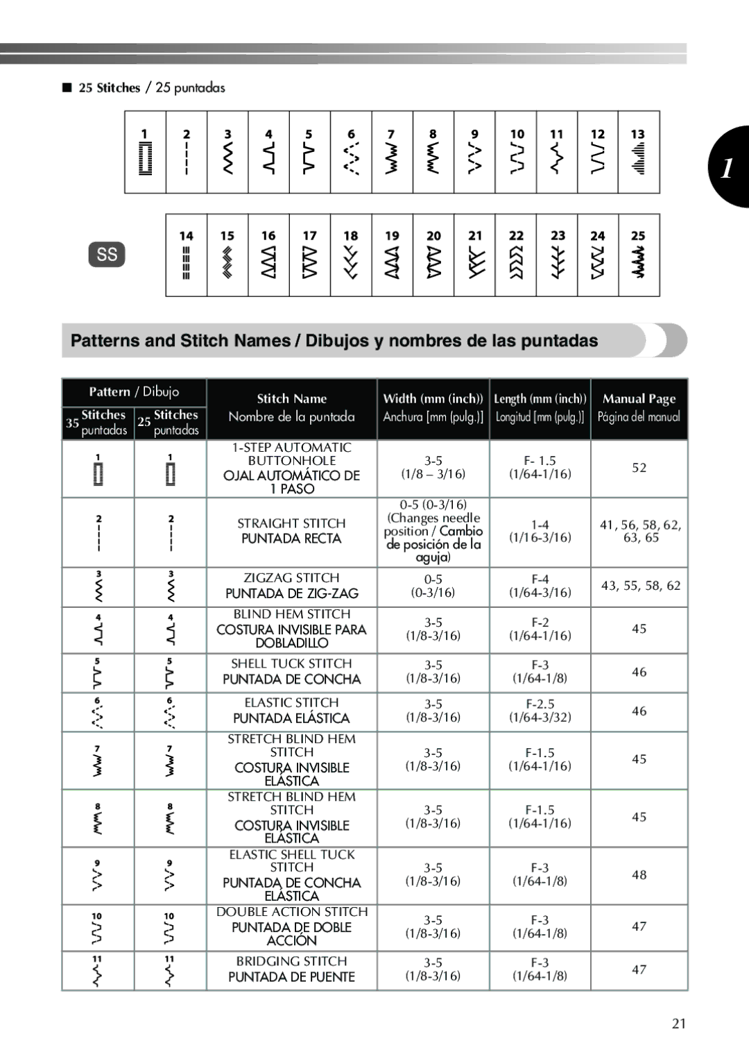 Brother XL 2600i Stitches / 25 puntadas, 3/16 64-1/16, Position / Cambio, 16-3/16 De posición de la Aguja, 43, 55, 58 