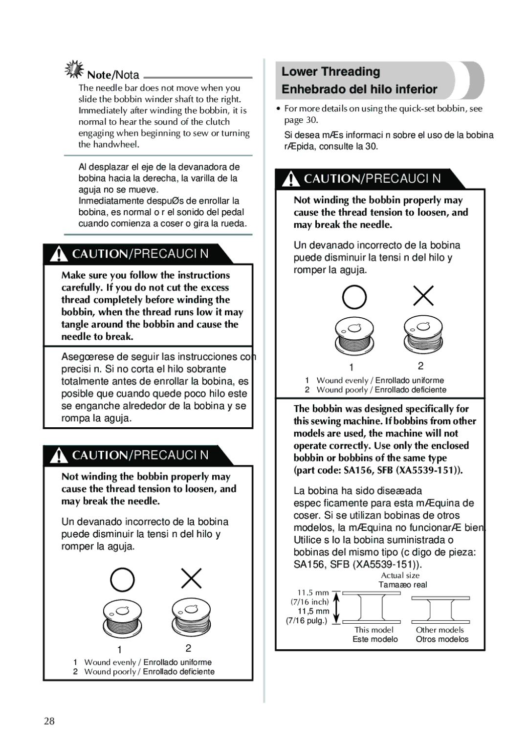 Brother XL2600I, XL 2600i operation manual Lower Threading Enhebrado del hilo inferior 