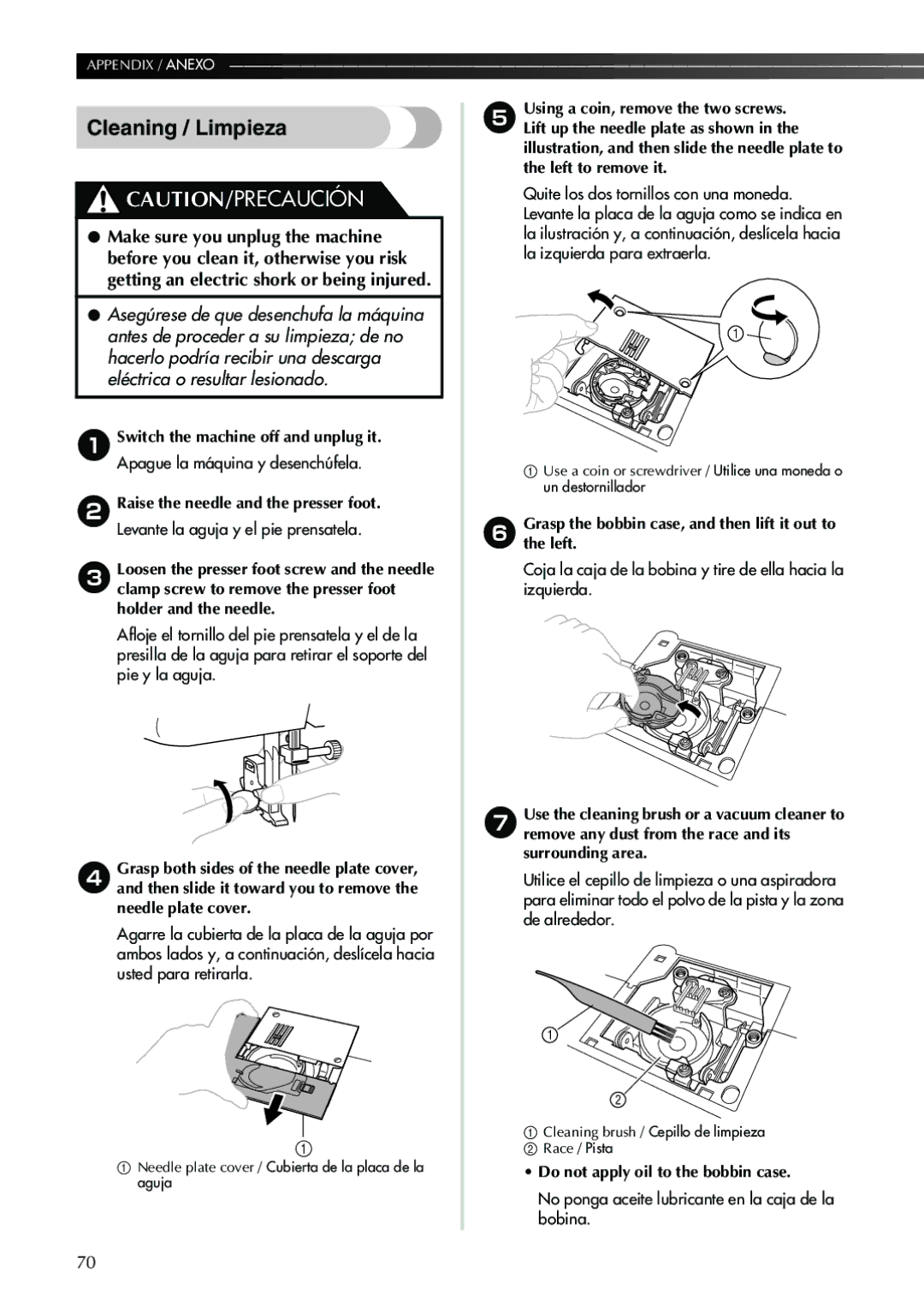 Brother XL2600I, XL 2600i operation manual Cleaning / Limpieza, Graspthe left.the bobbin case, and then lift it out to 