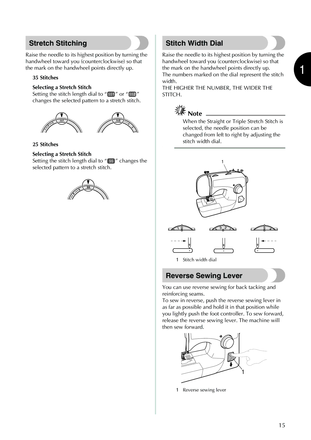 Brother XL-3520i, XL-2610i Stretch Stitching, Stitch Width Dial, Reverse Sewing Lever, Stitches Selecting a Stretch Stitch 