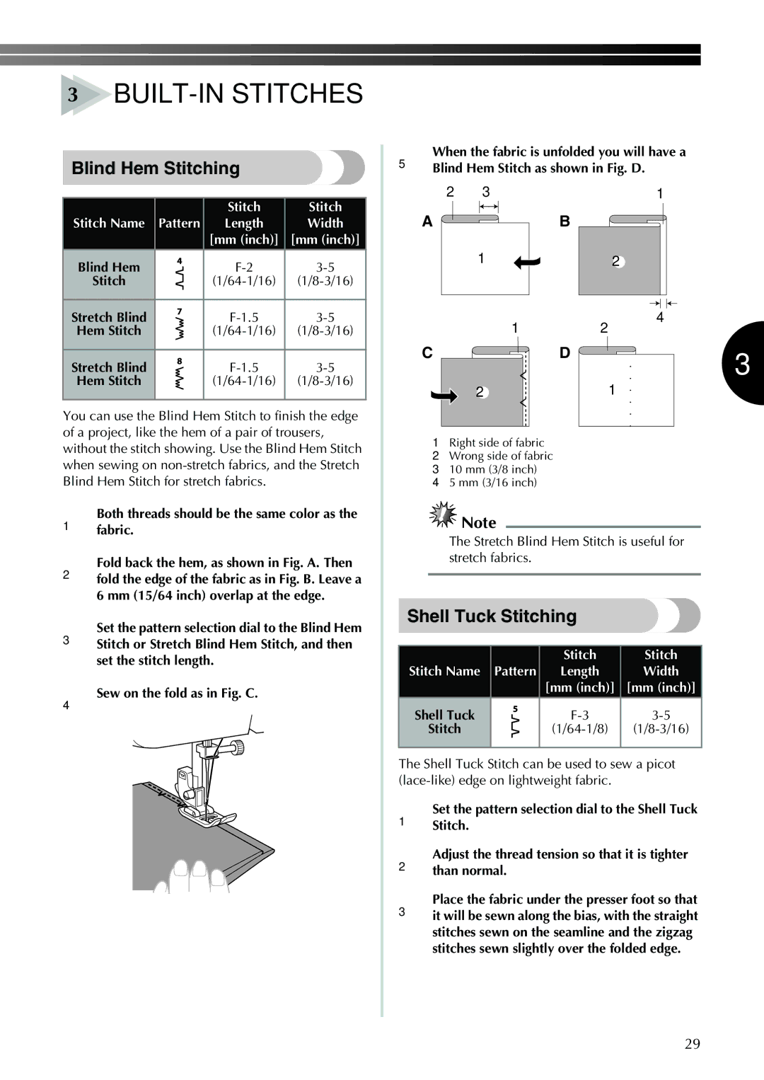 Brother XL-2620i, XL-2610i, XL-3520i, XL-3510i operation manual Blind Hem Stitching, Shell Tuck Stitching, 3/16 