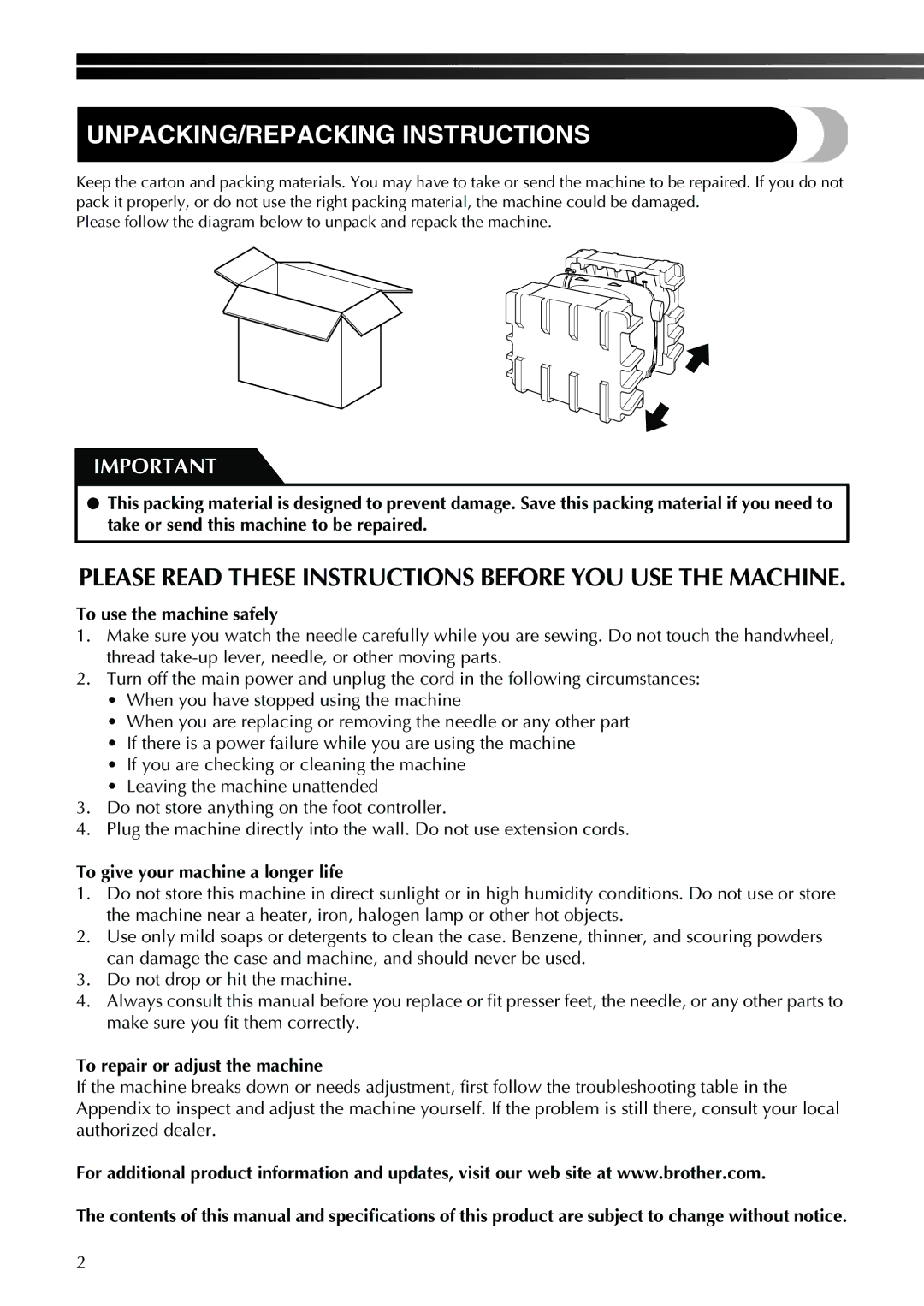 Brother XL-2610i, XL-3520i UNPACKING/REPACKING Instructions, Please Read These Instructions Before YOU USE the Machine 