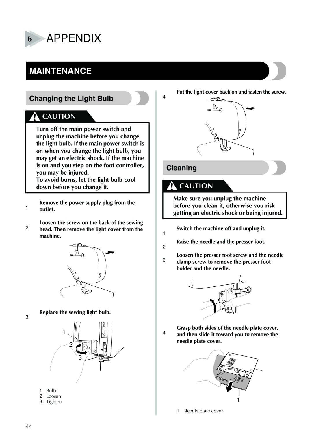 Brother XL-3510i Maintenance, Changing the Light Bulb, Cleaning, Put the light cover back on and fasten the screw 