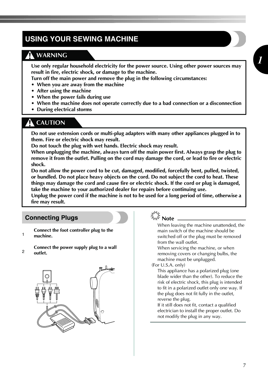 Brother XL-3520i, XL-2610i, XL-3510i, XL-2620i operation manual Using Your Sewing Machine, Connecting Plugs 