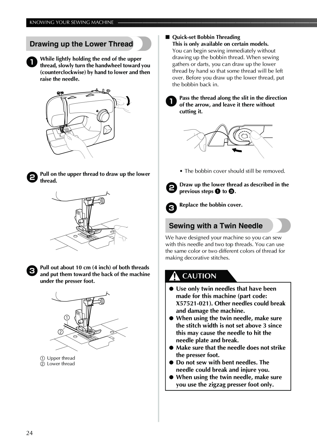 Brother XL-3510i, XL-2610i, XL-3520i, XL-2620i operation manual Drawing up the Lower Thread, Sewing with a Twin Needle 