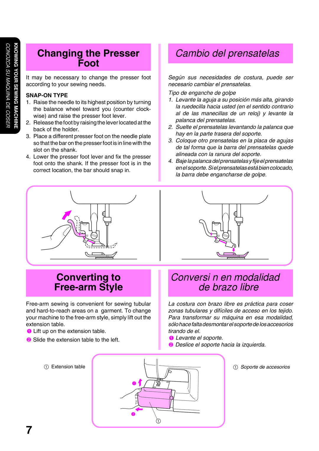 Brother XL 3010 Changing the Presser Foot, Cambio del prensatelas, Converting to Free-arm Style, Tipo de enganche de golpe 