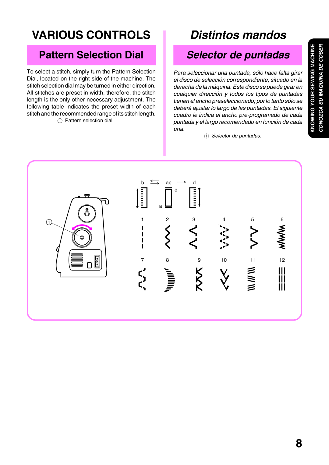 Brother XL3022, XL 3010 operation manual Pattern Selection Dial, Selector de puntadas 