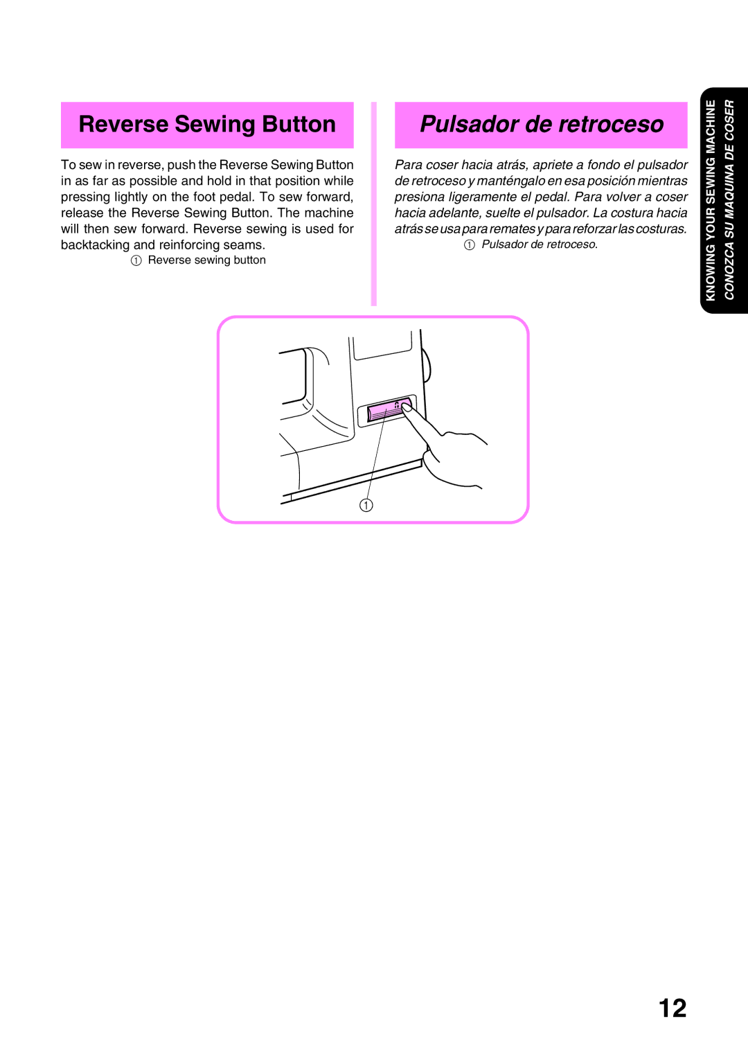 Brother XL3022, XL 3010 operation manual Reverse Sewing Button, Pulsador de retroceso 