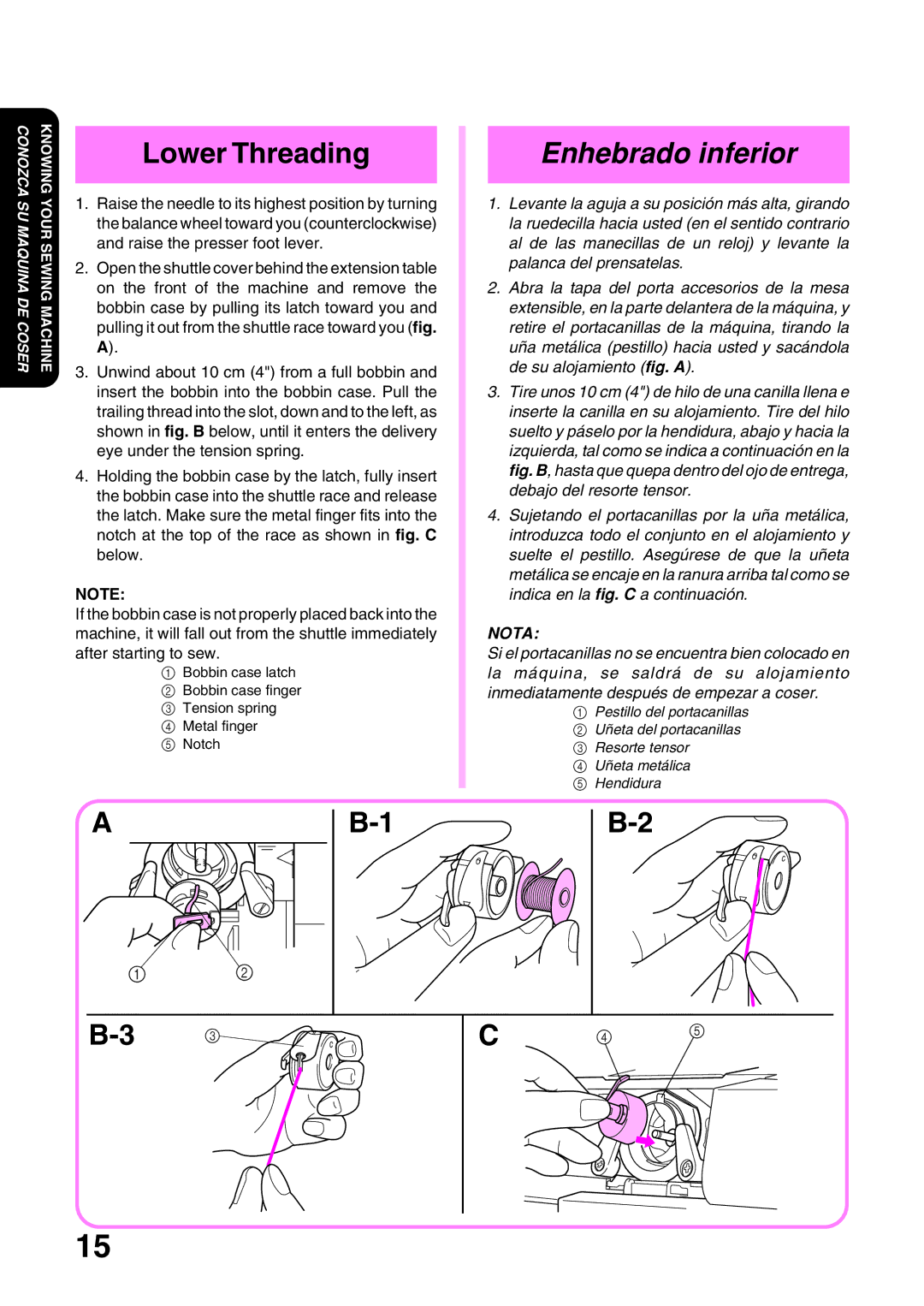 Brother XL 3010, XL3022 operation manual Lower Threading, Enhebrado inferior 