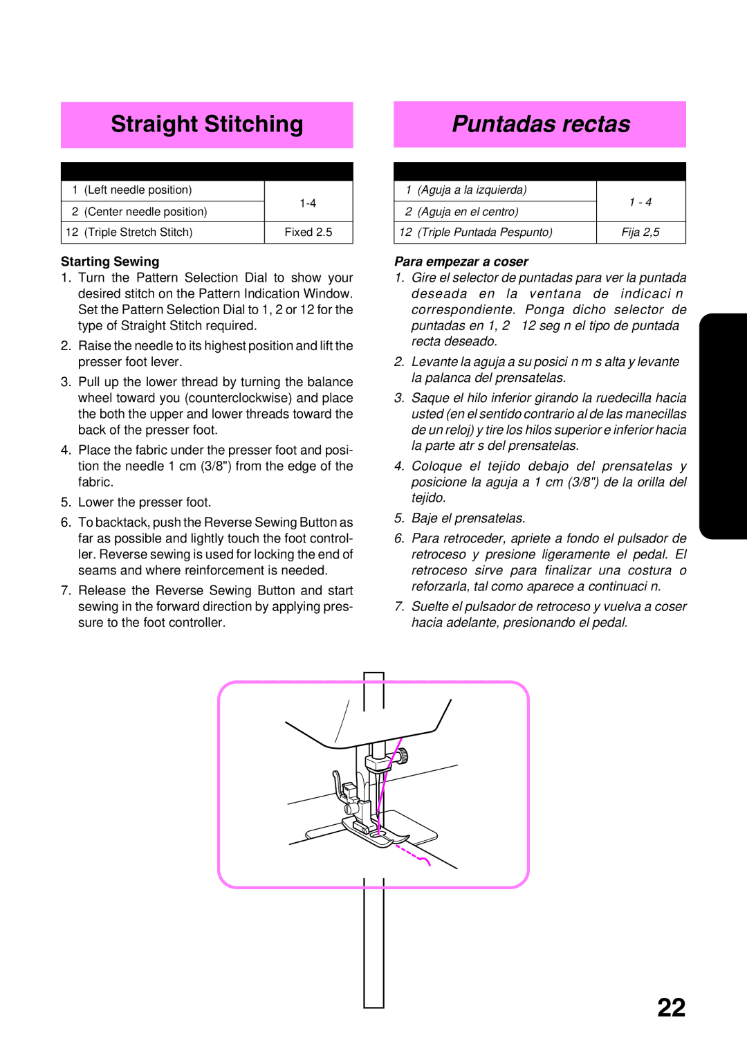 Brother XL3022, XL 3010 operation manual Straight Stitching, Puntadas rectas, Starting Sewing, Para empezar a coser 