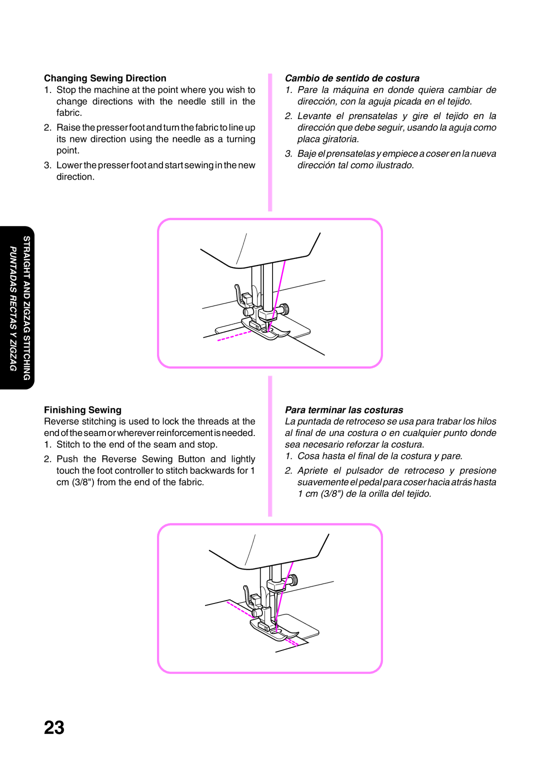 Brother XL 3010 Changing Sewing Direction, Cambio de sentido de costura, Finishing Sewing, Para terminar las costuras 