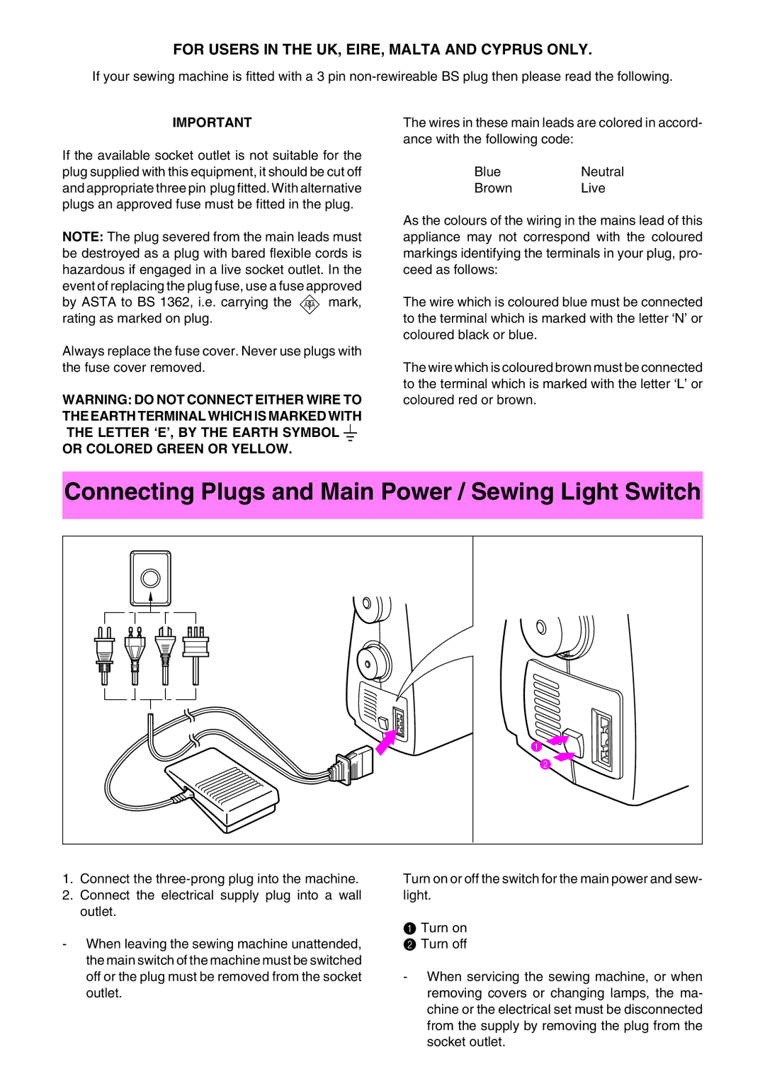 Brother XL3022 Connecting Plugs and Main Power / Sewing Light Switch, For Users in the UK, EIRE, Malta and Cyprus only 