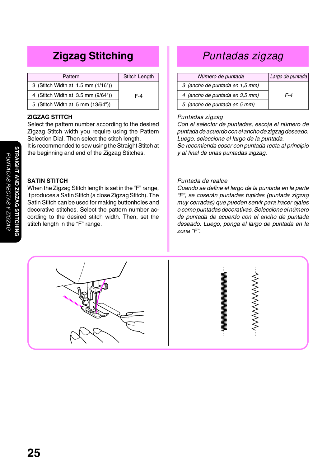 Brother XL 3010, XL3022 operation manual Zigzag Stitching, Puntadas zigzag, Puntada de realce 