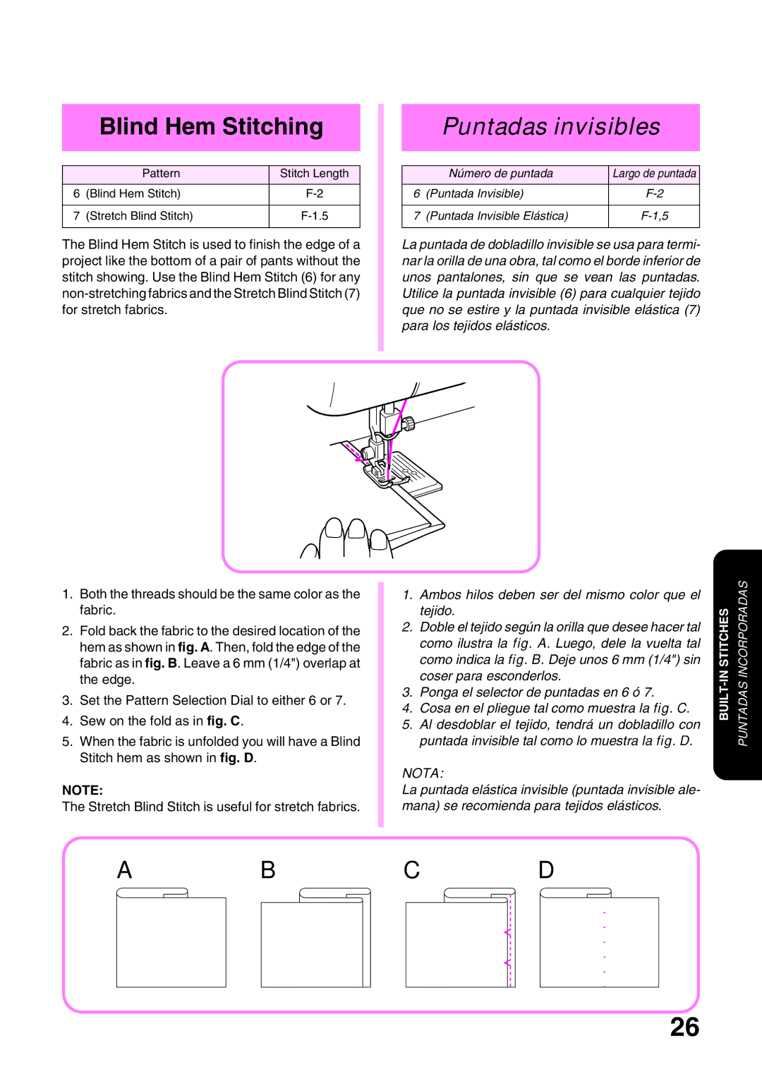 Brother XL3022, XL 3010 operation manual Blind Hem Stitching, Puntadas invisibles 