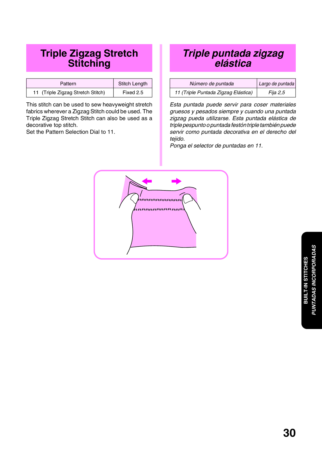 Brother XL3022, XL 3010 operation manual Triple Zigzag Stretch Stitching, Triple puntada zigzag Elástica 