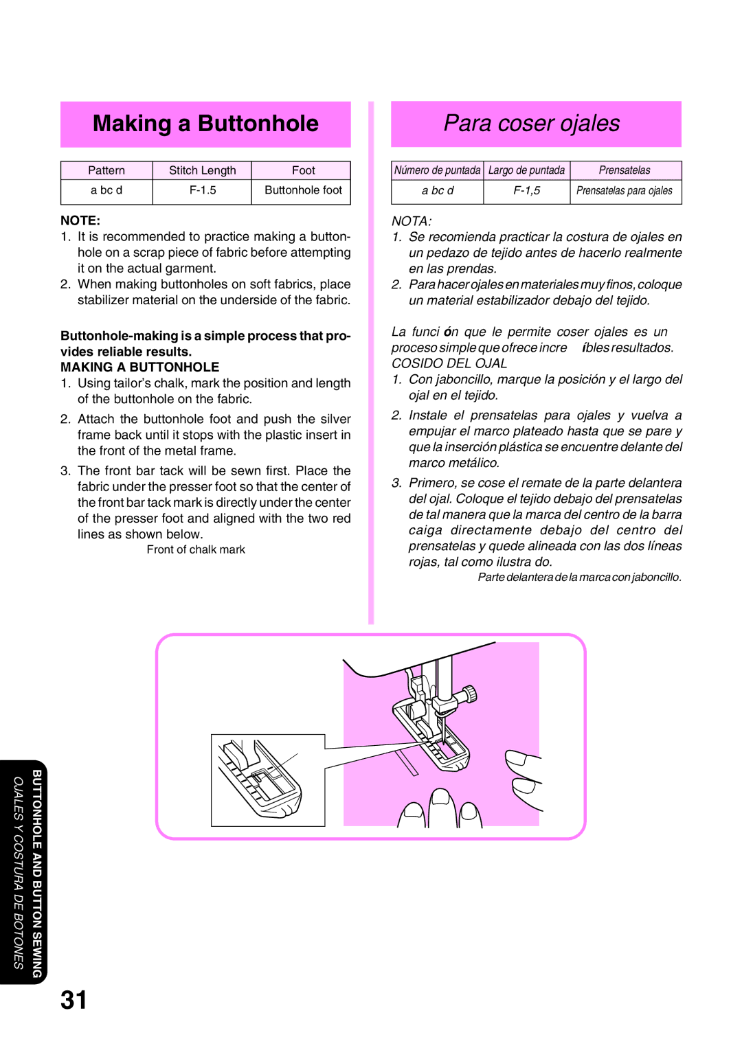 Brother XL 3010, XL3022 operation manual Making a Buttonhole, Para coser ojales, Cosido DEL Ojal 