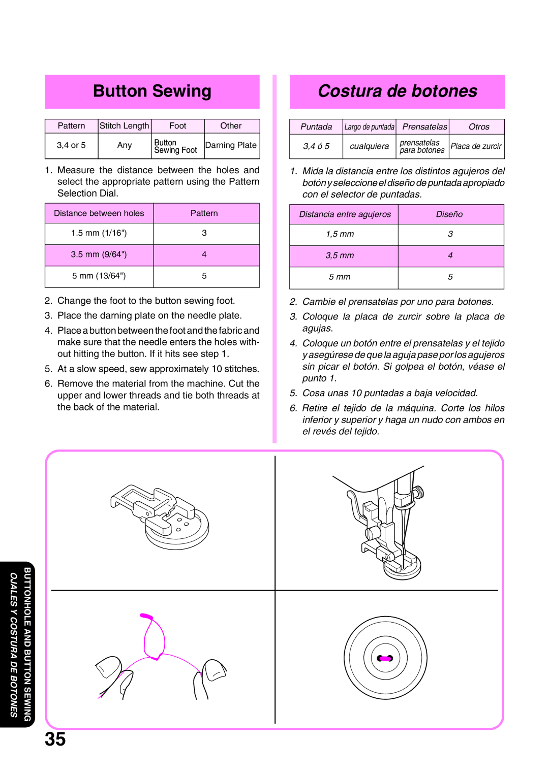 Brother XL 3010, XL3022 operation manual Button Sewing, Costura de botones 