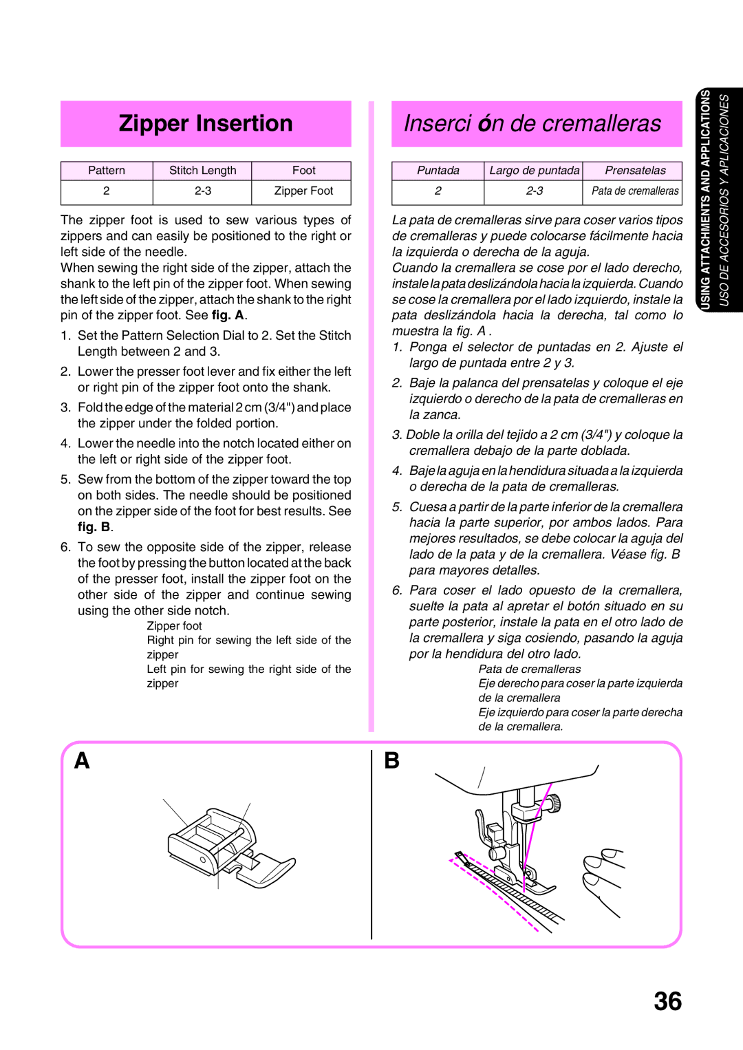 Brother XL3022, XL 3010 operation manual Zipper Insertion, Se cose la cremallera por el lado izquierdo, instale la 